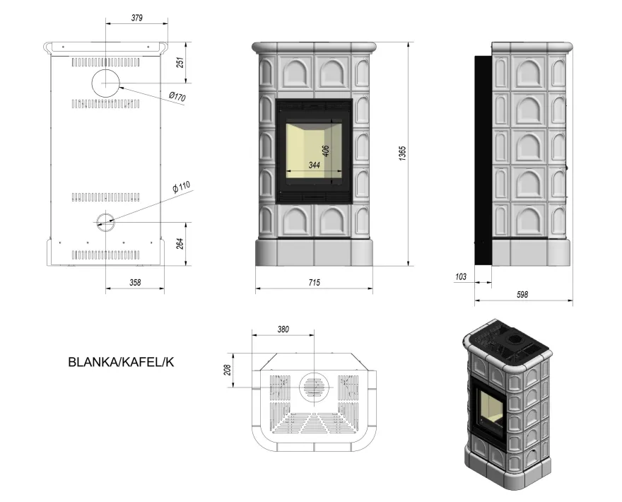Kamineinsatz aus Stahl KRATKI BLANKA 8 kW Ø 160 schwarze Kachel schwarz Verkleidung