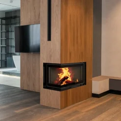 Kamineinsatz aus Stahl KRATKI MBM links 10 kW Ø 200 mit Schiebetür gebogenes Glas
