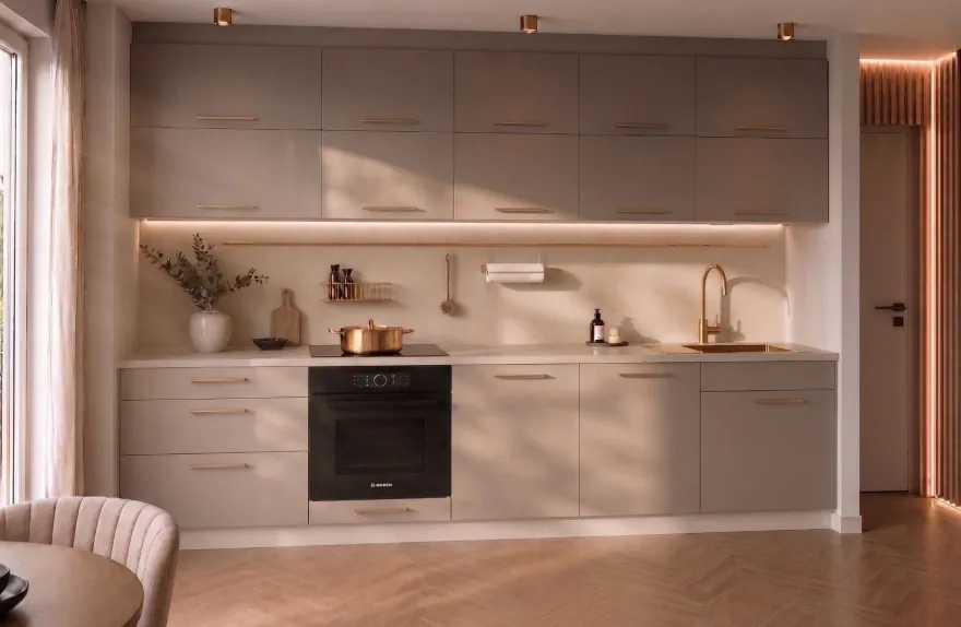 Küchenzeile Emma 330 cm Champagner Matt- Küche, Küchenblock 3,3m, mit Arbeitsplatte