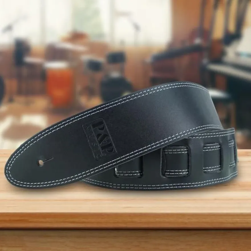 keepdrum Gitarrengurt aus Echt-Leder Schwarz mit Doppelnaht