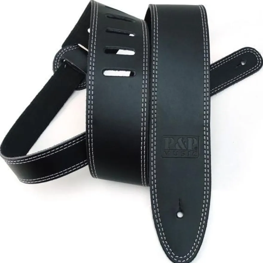 keepdrum Gitarrengurt aus Echt-Leder Schwarz mit Doppelnaht