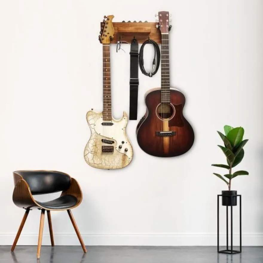 keepdrum Gitarren-Wandhalterung Akazie für 2 Gitarren und Zubehör