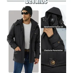 Kefitevd Herren Winterjacke Warm Gefüttert mit Abnehmbarer Kapuze, Cargo Parka