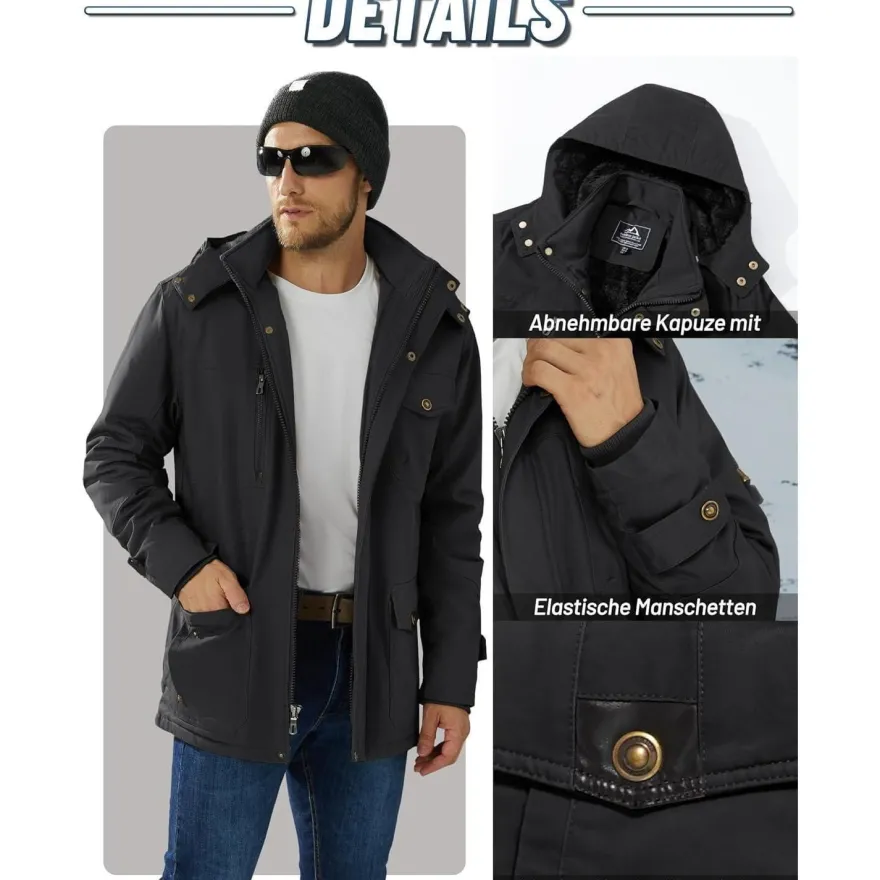 Kefitevd Herren Winterjacke Warm Gefüttert mit Abnehmbarer Kapuze, Cargo Parka
