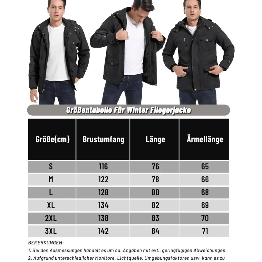 Kefitevd Herren Winterjacke Warm Gefüttert mit Abnehmbarer Kapuze, Cargo Parka