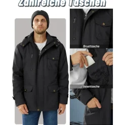 Kefitevd Herren Winterjacke Warm Gefüttert mit Abnehmbarer Kapuze, Cargo Parka