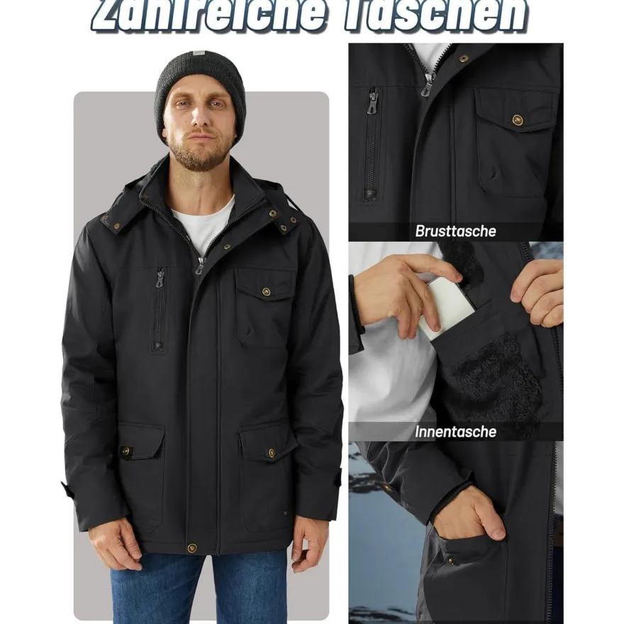 Kefitevd Herren Winterjacke Warm Gefüttert mit Abnehmbarer Kapuze, Cargo Parka