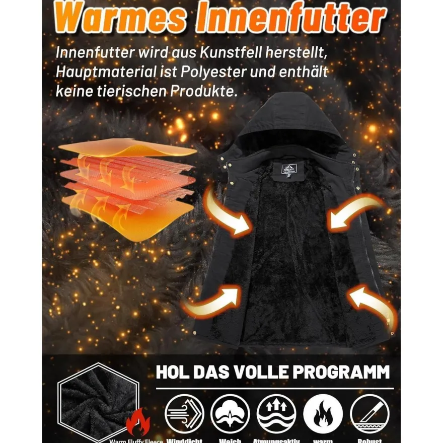 Kefitevd Herren Winterjacke Warm Gefüttert mit Abnehmbarer Kapuze, Cargo Parka