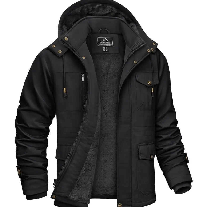 Kefitevd Herren Winterjacke Warm Gefüttert mit Abnehmbarer Kapuze, Cargo Parka