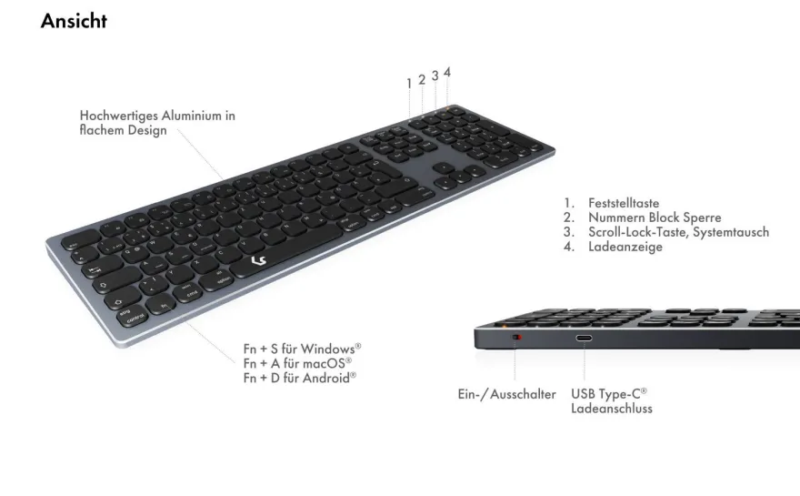 KeySonic KSK-8023BTRF (DE), Full-Size Aluminium Tastatur, Bluetooth® & RF, für Window