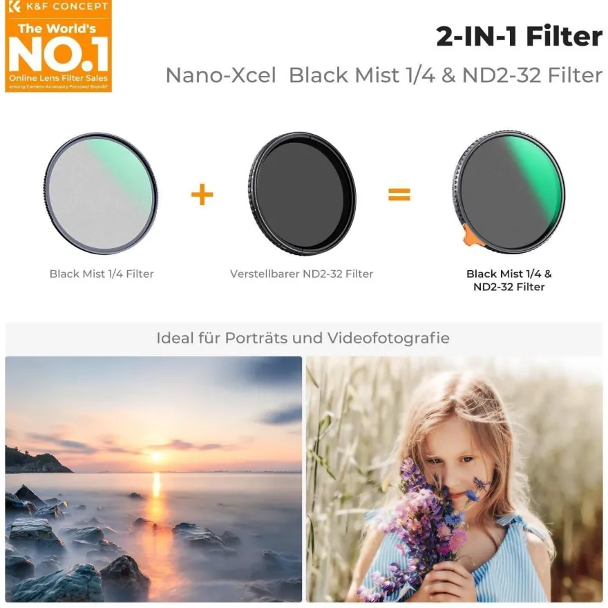 K&F Concept 52mm Black Mist 1/4 & Variable ND2-ND32 2-in-1 Multifunktionsfilter