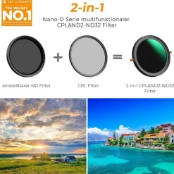 K&F Concept Nano-D Serie 62mm ND/CPL 2-in-1 Filter - Variable Graufilter