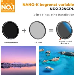 K&F Concept Nano-K Serie 62mm CPL&ND2-ND32 2-in-1 Graufilter und Polfilter