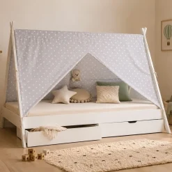 Kinderbett mit Matratze TIPI 90x200 Jugendbett weiß grau Holzbett Kinderzimmer