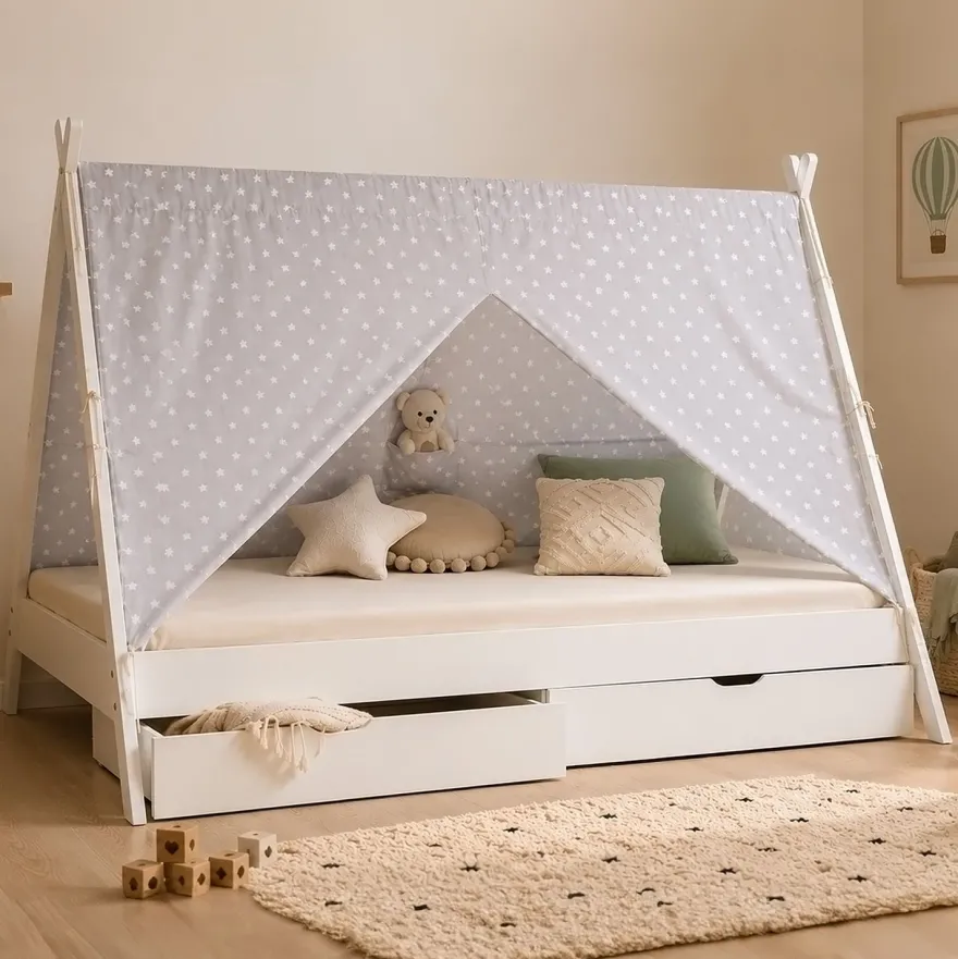 Kinderbett mit Matratze TIPI 90x200 Jugendbett weiß grau Holzbett Kinderzimmer