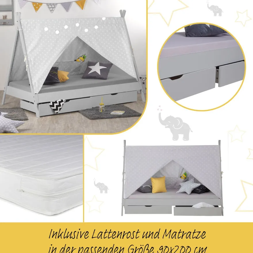 Kinderbett mit Matratze TIPI 90x200 Jugendbett weiß grau Holzbett Kinderzimmer