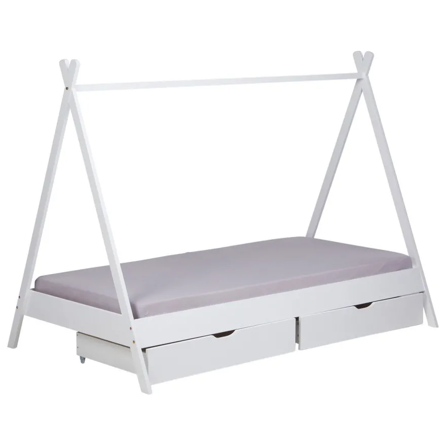 Kinderbett mit Matratze TIPI 90x200 Jugendbett weiß grau Holzbett Kinderzimmer