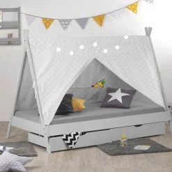 Kinderbett mit Matratze TIPI 90x200 Jugendbett weiß grau Holzbett Kinderzimmer