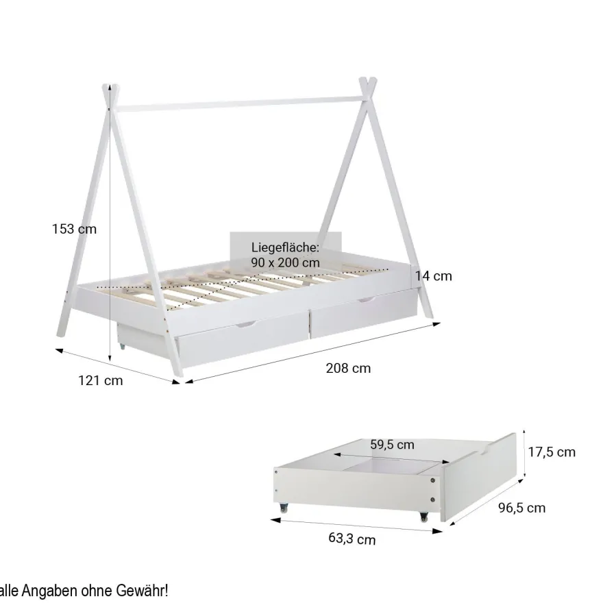 Kinderbett mit Matratze TIPI 90x200 Jugendbett weiß grau Holzbett Kinderzimmer