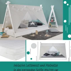 Kinderbett mit Matratze TIPI 90x200 Jugendbett weiß grau Holzbett Kinderzimmer