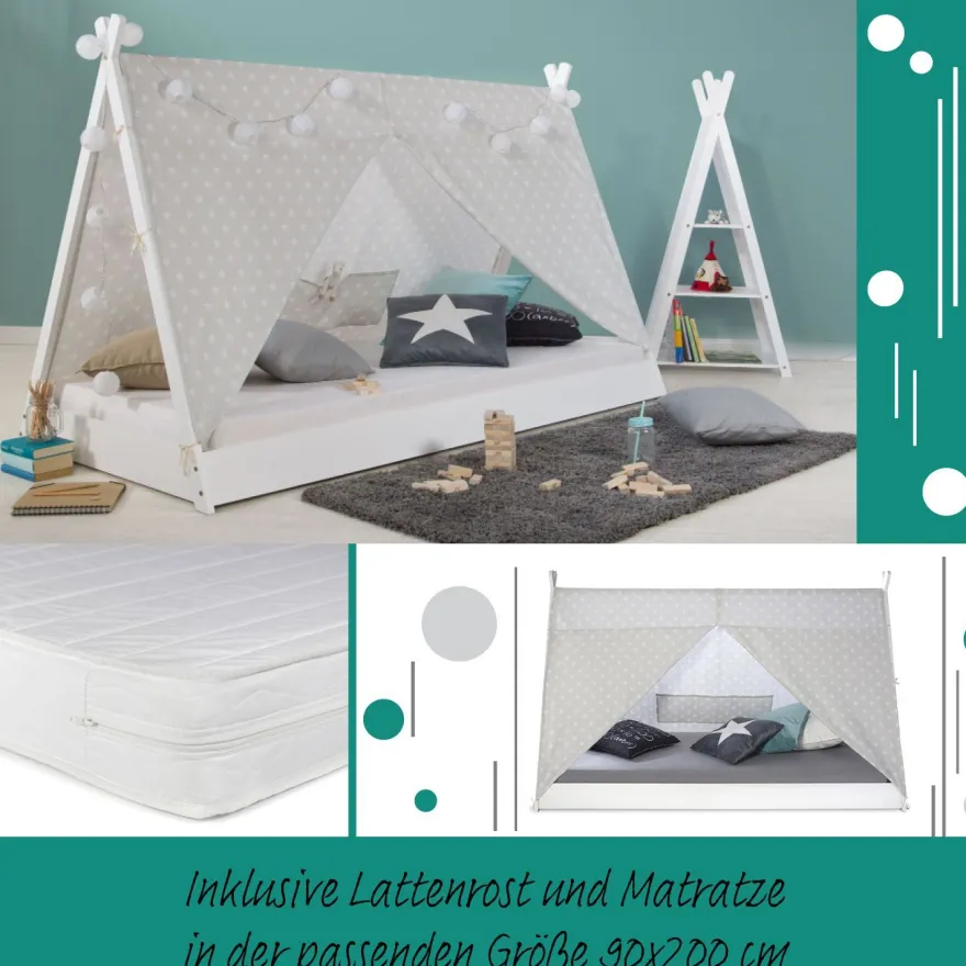 Kinderbett mit Matratze TIPI 90x200 Jugendbett weiß grau Holzbett Kinderzimmer