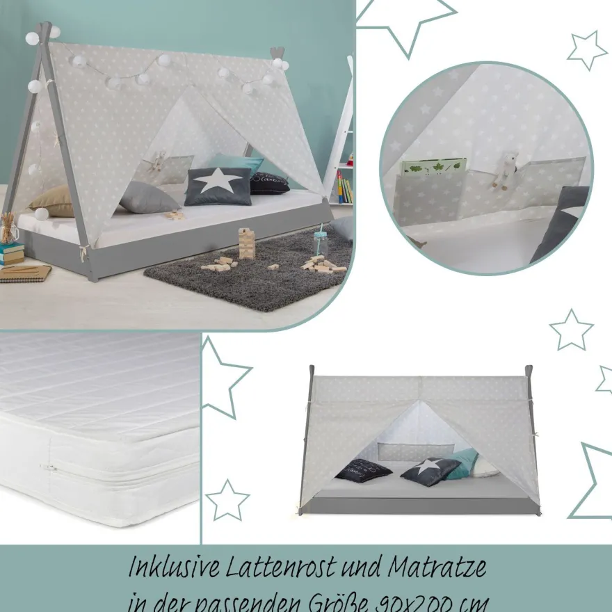 Kinderbett mit Matratze TIPI 90x200 Jugendbett weiß grau Holzbett Kinderzimmer