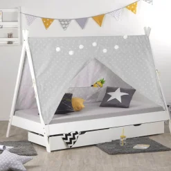 Kinderbett mit Matratze TIPI 90x200 Jugendbett weiß grau Holzbett Kinderzimmer