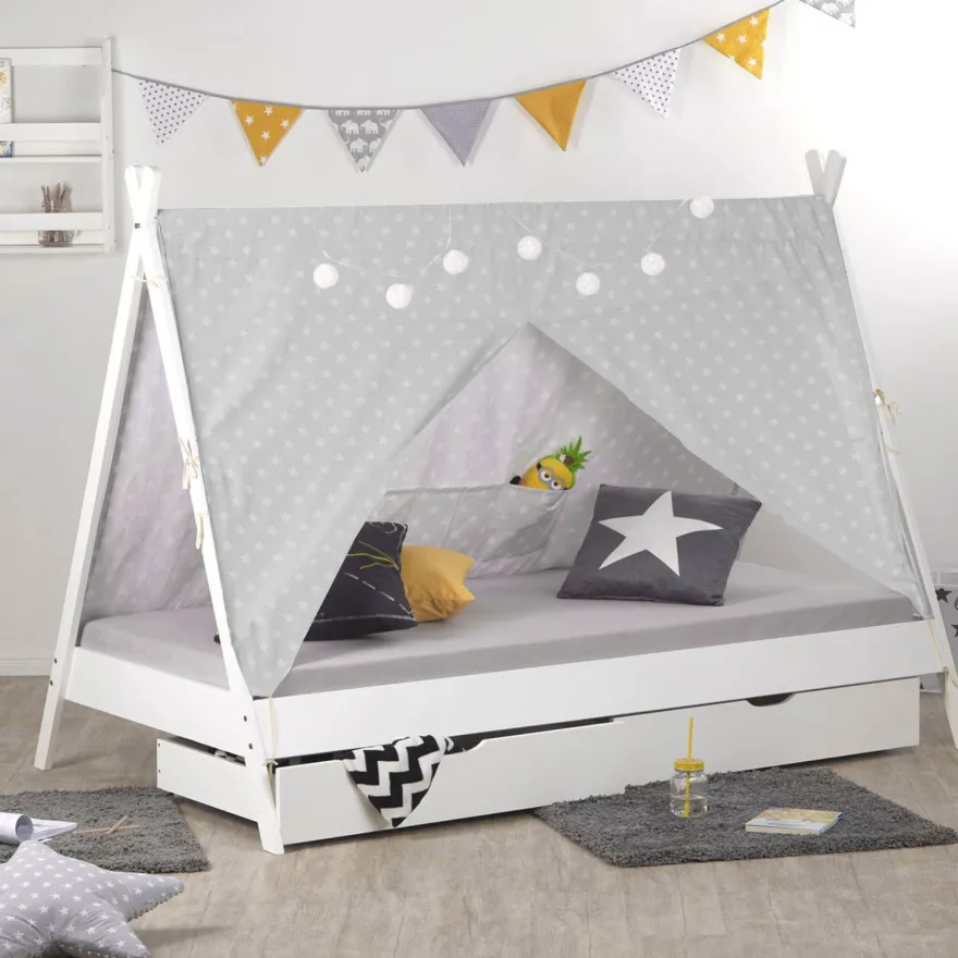 Kinderbett mit Matratze TIPI 90x200 Jugendbett weiß grau Holzbett Kinderzimmer