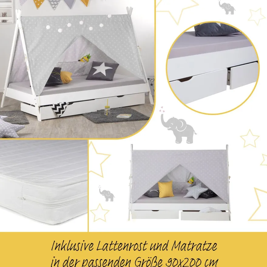 Kinderbett mit Matratze TIPI 90x200 Jugendbett weiß grau Holzbett Kinderzimmer