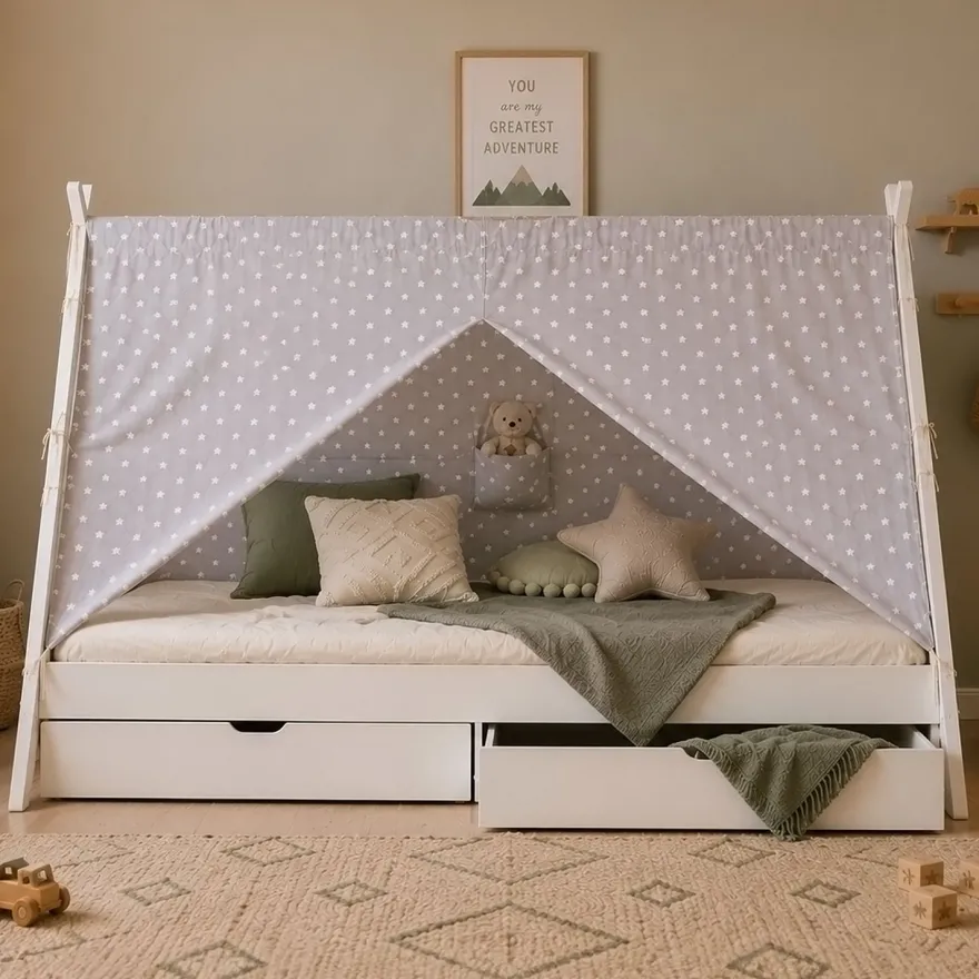Kinderbett mit Matratze TIPI 90x200 Jugendbett weiß grau Holzbett Kinderzimmer