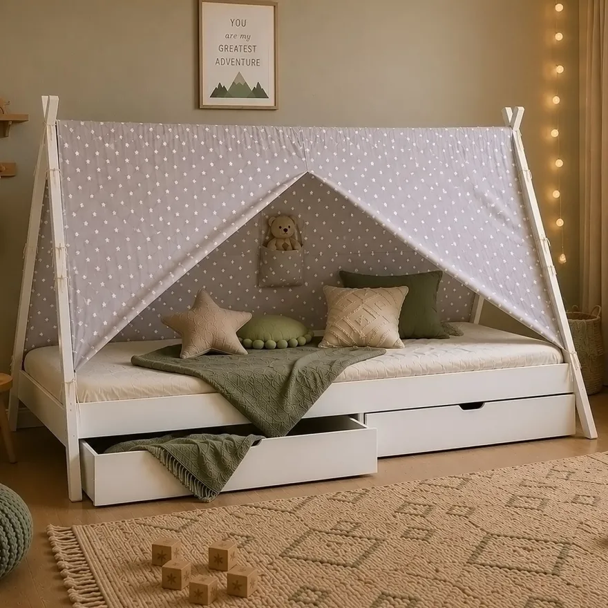 Kinderbett mit Matratze TIPI 90x200 Jugendbett weiß grau Holzbett Kinderzimmer