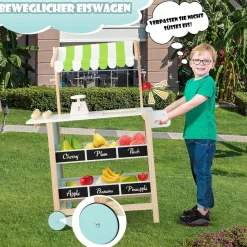 Kinder Eiswagen mit 6 Eiscreme, Kaufladen Holz mit 2 Ablagen, Einkaufswagen