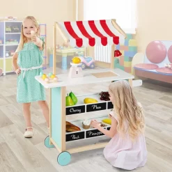 Kinder Eiswagen mit 6 Eiscreme, Kaufladen Holz mit 2 Ablagen, Einkaufswagen