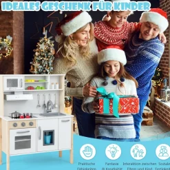 Kinderküche Spielküche inkl. 18 Zubehör, Kinder Küche Holz mit Spüle Mikrowelle