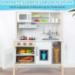 Kinderküche Spielküche inkl. 18 Zubehör, Kinder Küche Holz mit Spüle Mikrowelle