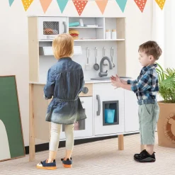 Kinderküche Spielküche inkl. 18 Zubehör, Kinder Küche Holz mit Spüle Mikrowelle