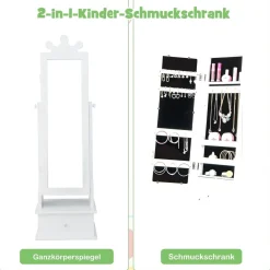 Kinder Schmuckschrank, Spiegelschrank neigbar mit Ganzkörperspiegel, 3 Schubladen