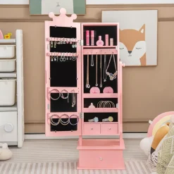 Kinder Schmuckschrank, Spiegelschrank neigbar mit Ganzkörperspiegel, 3 Schubladen