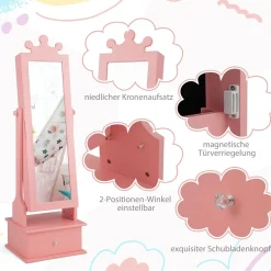 Kinder Schmuckschrank, Spiegelschrank neigbar mit Ganzkörperspiegel, 3 Schubladen