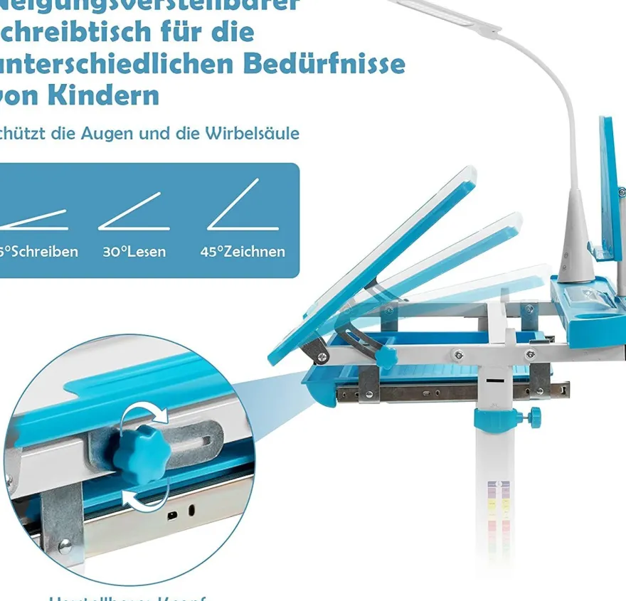 Kinderschreibtisch mit Bücherständer & LED, höhenverstellbarer Kindertisch&Stuhl