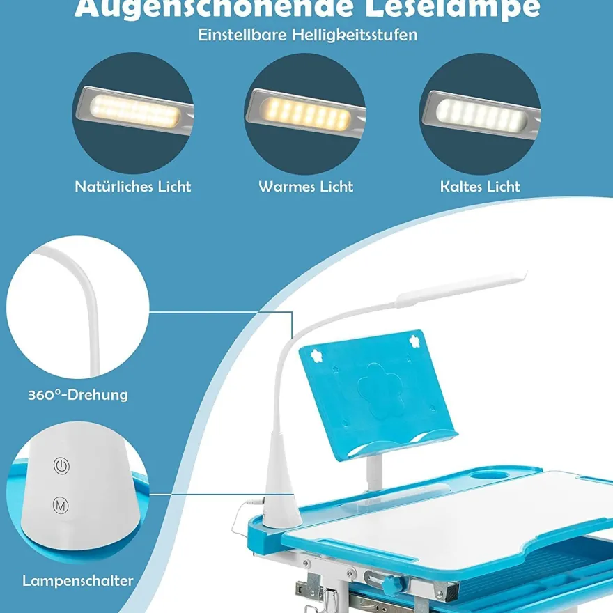 Kinderschreibtisch mit Bücherständer & LED, höhenverstellbarer Kindertisch&Stuhl