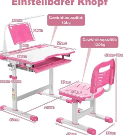 Kinderschreibtisch mit Bücherständer & LED, höhenverstellbarer Kindertisch&Stuhl
