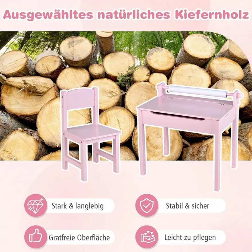 Kinderschreibtisch mit Stuhl, Kindertisch-Set mit klappbarer Tischplatte für Kinder