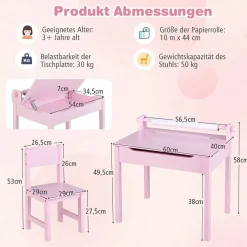 Kinderschreibtisch mit Stuhl, Kindertisch-Set mit klappbarer Tischplatte für Kinder