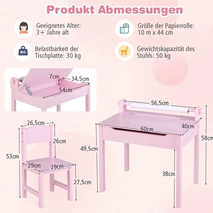 Kinderschreibtisch mit Stuhl, Kindertisch-Set mit klappbarer Tischplatte für Kinder