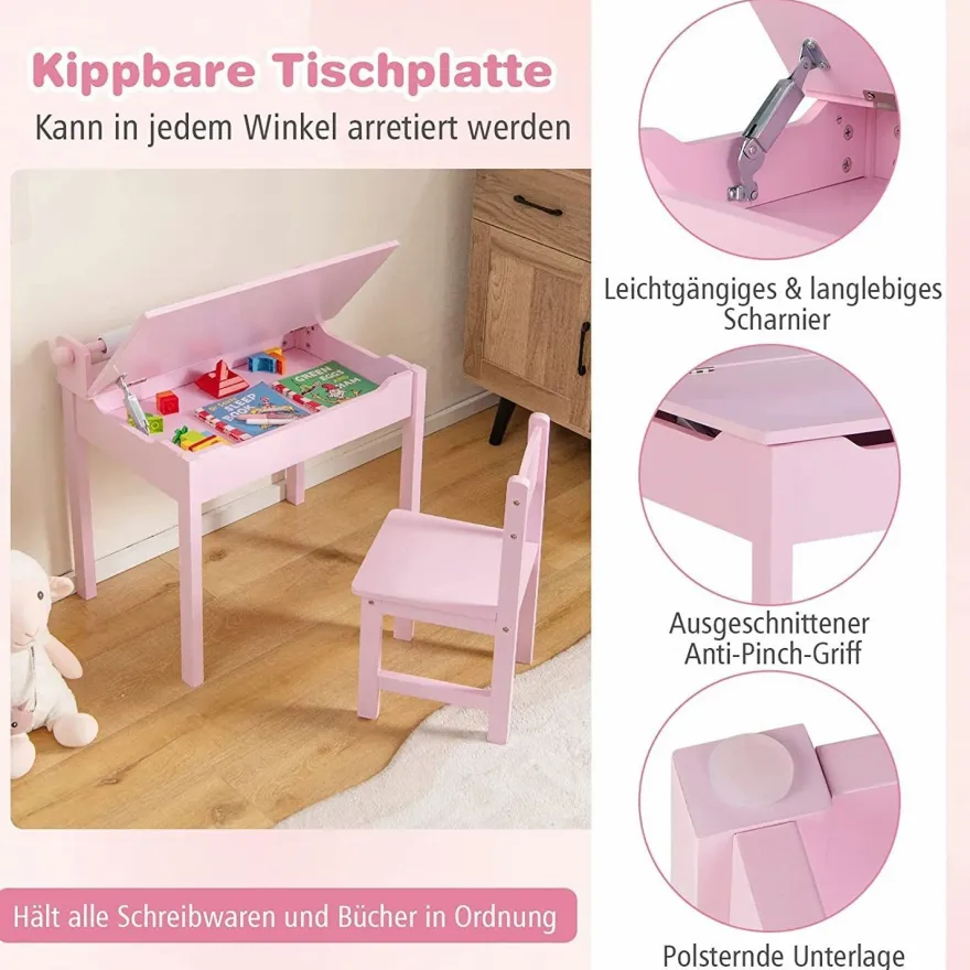 Kinderschreibtisch mit Stuhl, Kindertisch-Set mit klappbarer Tischplatte für Kinder