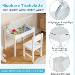 Kinderschreibtisch mit Stuhl, Kindertisch-Set mit klappbarer Tischplatte für Kinder