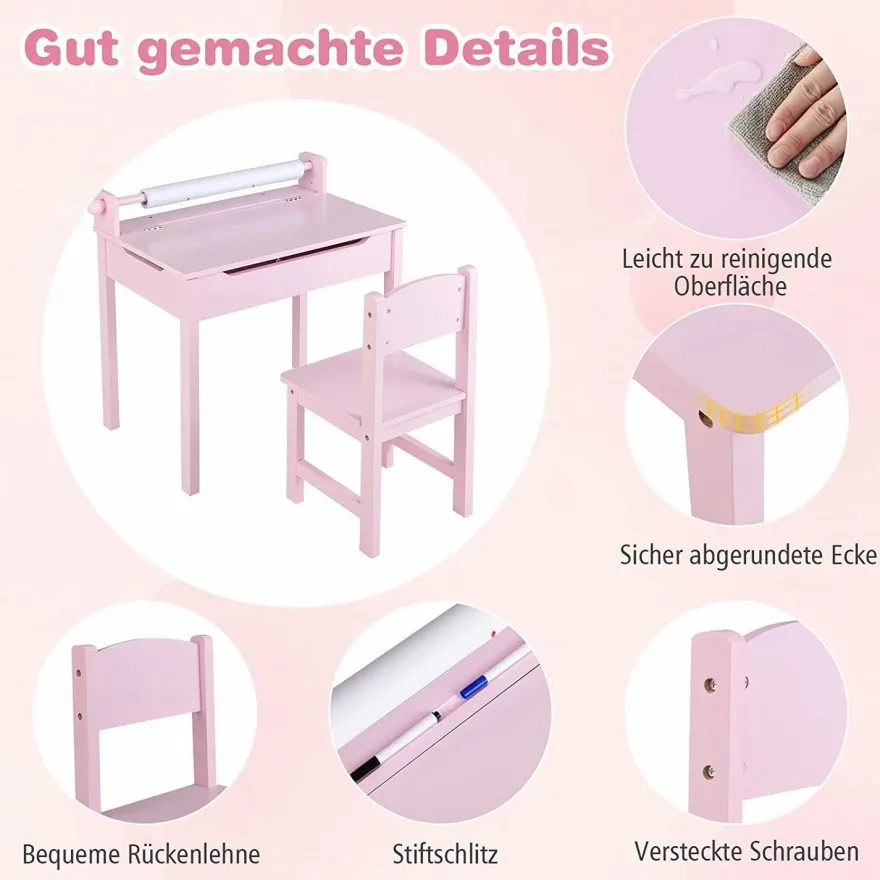Kinderschreibtisch mit Stuhl, Kindertisch-Set mit klappbarer Tischplatte für Kinder