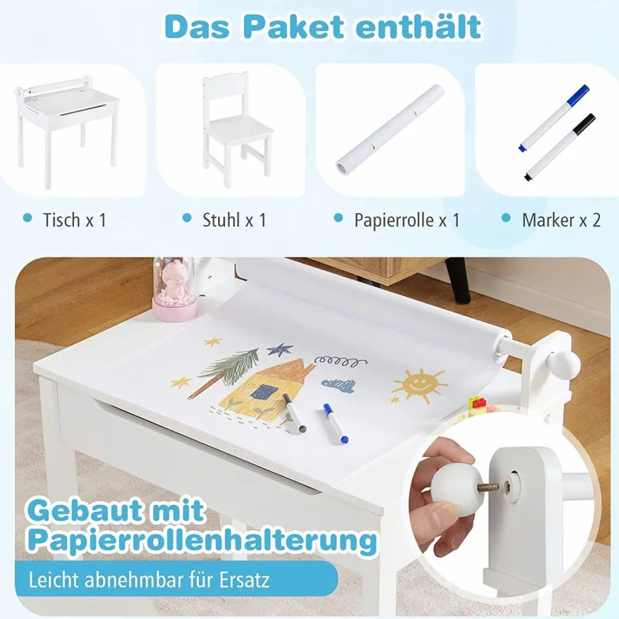 Kinderschreibtisch mit Stuhl, Kindertisch-Set mit klappbarer Tischplatte für Kinder