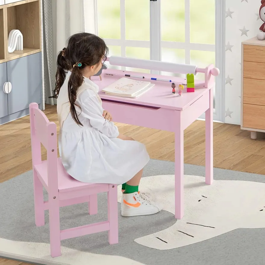 Kinderschreibtisch mit Stuhl, Kindertisch-Set mit klappbarer Tischplatte für Kinder